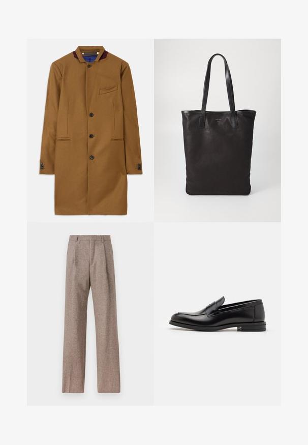 Bruine wollen jas met een rechte snit, twee frontzakken, vijf zwarte knopen en een bordeauxrood kraagaccent. Heeft een gestructureerde stof.; Witte button-down shirt met een kraag, voorzien van subtiele verticale strepen, lange mouwen, een borstzak en een klassieke ronde zoom.; Bruine, hooggewaisted broeken van een gestructureerde stof. Heeft wijde benen en twee voorplooien voor extra structuur. Net afgewerkt zonder zichtbare hardware.; Zwarte leren instappers met een gladde textuur, ronde neus en een decoratieve band over de wreef. Lage, gestapelde hak en minimalistisch ontwerp.; Zwarte canvas schoudertas met zwarte leren handvaten. Eenvoudig ontwerp, ruime body en een gladde textuur. Geen zichtbare logo's of patronen.