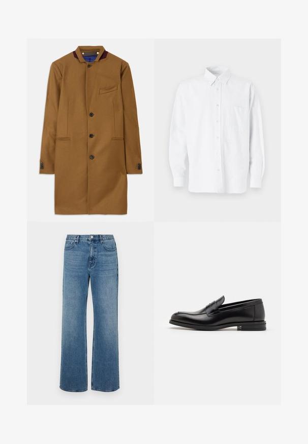 Rjav volnen plašč s ravnim krojem, dvema sprednjima žepoma, petimi črnimi gumbi in akcentom v burgundski barvi na ovratniku. Ima teksturirano tkanino.; Bela srajca z ovratnikom, ki ima subtilne navpične črte, dolge rokave, žep na prsih in klasičen zaobljen rob.; Modri široki jeans iz denima z izbledelim zaključkom. Imajo pet žepov, sprednje zapiranje na gumb in ravno krojenje.; Črne usnjene loafer čevlje z gladko teksturo, zaobljenim nosom in dekorativnim trakom čez zgornji del. Nizka zložena peta, minimalističen dizajn.