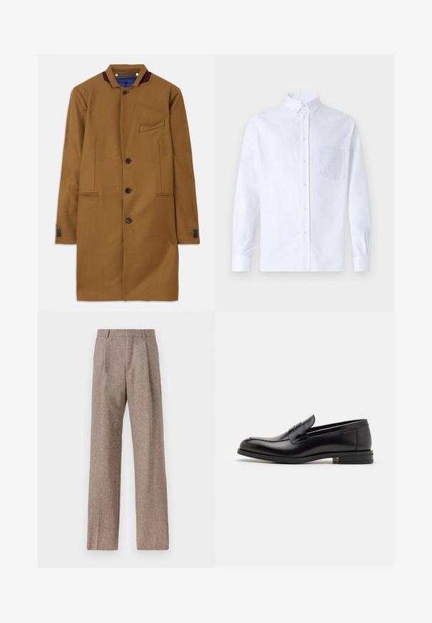 Cappotto in lana marrone con taglio dritto, due tasche anteriori, cinque bottoni neri e un accento in borgogna sul colletto. Presenta un tessuto strutturato.; Camicia bianca a maniche lunghe con bottoni, realizzata in cotone, caratterizzata da una tasca sul petto con ricamo tonale, colletto e polsini con bottoni.; Pantaloni marroni a vita alta realizzati in tessuto testurizzato. Presentano gambe ampie e due pieghe frontali per struttura. Rifinitura curata senza hardware visibile.; Mocassini neri in pelle con una texture liscia, punta arrotondata e una striscia decorativa sulla tomaia. Tacco basso impilato, design minimalista.