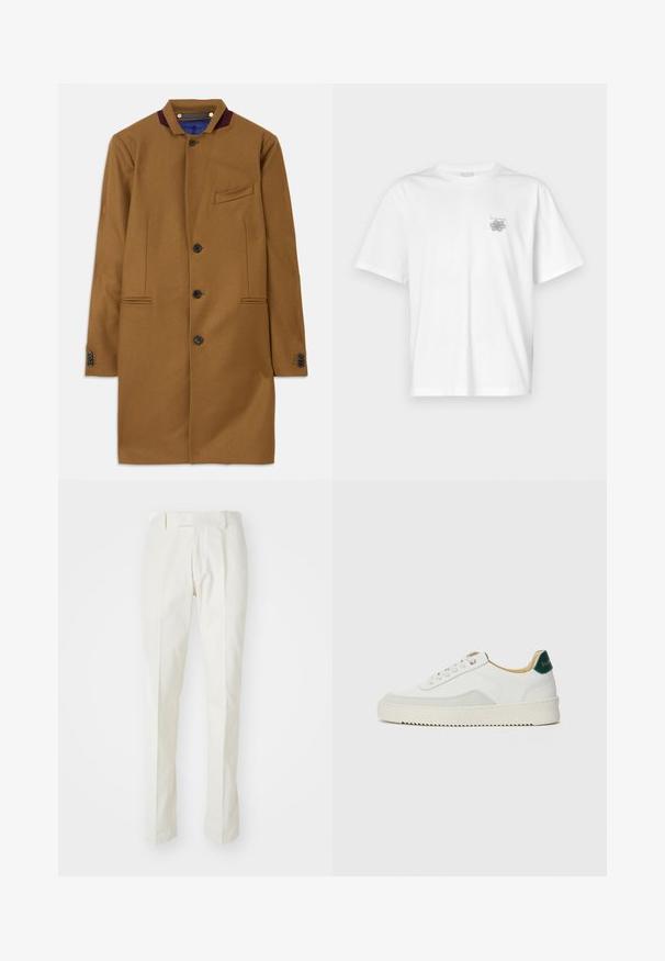 Brun uldfrakke med lige snit, to forlommer, fem sorte knapper og en burgunderfarvet kraveaccent. Har et struktureret stof.; Hvid t-shirt lavet af bomuld med korte ærmer, rund halsudskæring og et lille gråt logo på venstre brystområde. Glat tekstur.; Hvide bukser lavet af bomuld, med lige ben, flad front og uden synlige mønstre eller hardware. Glat tekstur.; Hvide sneakers med ruskindsdetaljer, rund tå, flade snørebånd og en cremet gummisål. Har grøn branding på hælen.