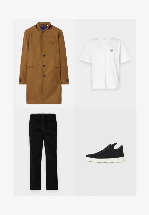 Cappotto in lana marrone con taglio dritto, due tasche anteriori, cinque bottoni neri e un accento in borgogna sul colletto. Presenta un tessuto strutturato.; T-shirt bianca in cotone con maniche corte, colletto tondo e un piccolo logo grigio nella zona sinistra del petto. Texture liscia.; Pantaloni neri in velluto a gamba dritta con vita elastica e cordoncino anteriore, esposti su uno sfondo bianco uniforme.; Sneaker in suede nero con suola in gomma bianca, caratterizzato da cuciture tonali e design con lacci. Texture liscia con una forma moderna e aerodinamica.