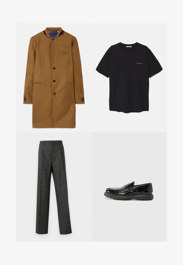 Pruun villane mantel otsekohase lõikega, kahe esi-taskuga, viie musta nööbiga ja burgundia värvi kraeaktsendiga. Omab tekstuurset kangast.; Must musta T-särk, ümar kaelus, lühikesed varrukad ja valge logo trükk vasakul rinnal. Lihtne, ühtlane värvitoon.; Hallidehased hallid püksid tekstureeritud kangast, millel on kaks eesmist voldi ja sirge sääre disain. Pole nähtavaid taskuid ega kaunistusi.; Must musta nahk loafer läikiva viimistlusega, ümar varvas, delikaatsed õmblusdetailid ja paks kummist tallad vastupidavuse tagamiseks.