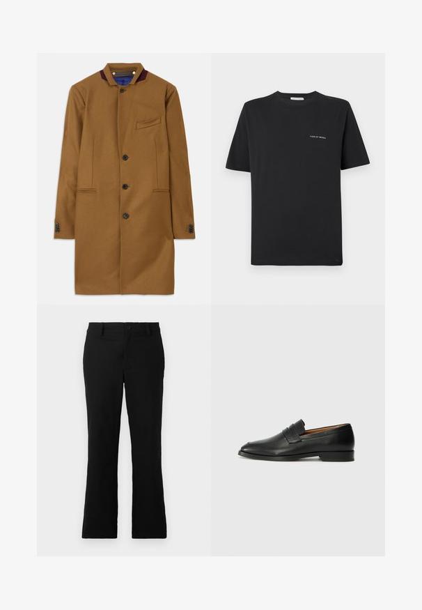 Casaco de lã castanho com corte reto, duas pockets frontais, cinco botões pretos e um detalhe de colarinho borgonha. Apresenta um tecido texturizado.; Camisa de algodão preta com decote redondo, mangas curtas e um pequeno logo branco "TIGER OF SWEDEN" no peito. Corte clássico.; Calças flare pretas feitas de um tecido de algodão misto, com fecho de botão, passantes para cinto e uma textura suave sem padrões visíveis.; Sapatilha de couro preta com biqueira arredondada, detalhes cosidos discretos e um salto baixo, apresentando uma textura suave e um design minimalista.