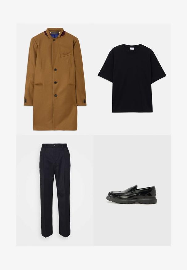 Barna gyapjúkabát egyenes szabással, két elülső zsebbel, öt fekete gombbal és bordó színű gallérdísszel. Nemezes anyaggal rendelkezik.; Fekete, rövid ujjú, oversize póló kerek nyakkivágással és látható Filippa K márkacédulával a gallér belső részén.; Fekete, egyenes szárú, szabott nadrág sima anyagból, elöl gombos záródással és két oldalsó zsebbel.; Fekete bőr loafer, fényes felülettel, kerek orral, diszkrét varrási részletekkel és vastag gumitalppal a tartósság érdekében.