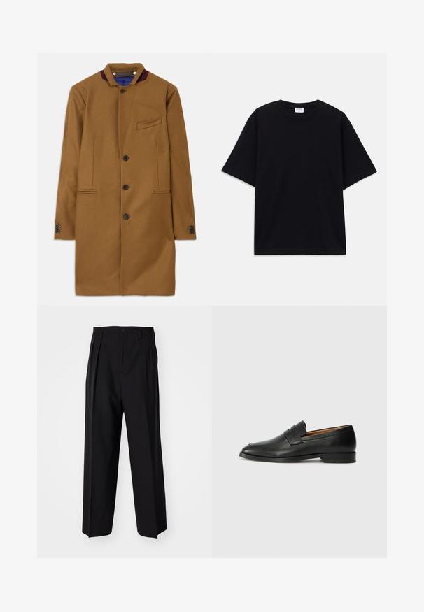 Rudas vilnonis švarkas tiesiu kirpimu, su dviem priekiniais kišenėmis, penkiais juodais mygtukais ir tamsiai raudonu apykaklės akcentu. Yra tekstūruotas audinys.; Juodas trumpas rankovėmis per didelis marškinėliai su apvaliu iškirpimu ir matoma Filippa K prekės ženklo etiketė vidinėje apykaklės pusėje.; Juodi klostuoti kelnių, su tiesiu, plačiu kojų dizainu. Pagaminti iš lygios medžiagos, su mygtukų uždarymu ir diržo kilputėmis.; Juodas odinis loaferis su apvaliu nosiu, subtiliomis siuvimo detalėmis ir žemu kulnu, pasižymintis lygia tekstūra ir minimalistiniu dizainu.