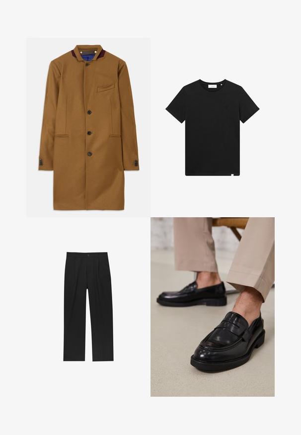 Bruine wollen jas met een rechte snit, twee frontzakken, vijf zwarte knopen en een bordeauxrood kraagaccent. Heeft een gestructureerde stof.; Zwarte T-shirt met korte mouwen van katoen, met een ronde hals en een klein logo geborduurd op de borst. Soepele textuur, normale pasvorm.; Zwarte broeken met een recht model, gemaakt van een gladde stof. Voorzien van een voorplooien en een enkele knoopsluiting bij de taille.; Zwarte leren loafers met een gladde afwerking, voorzien van een decoratieve band en contrasterende stiksels, gecombineerd met beige broeken.