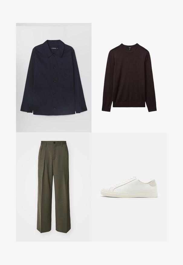 Jachetă din bumbac bleu marin, cu guler răspândit, închidere frontală cu butoane și două buzunare frontale tip patch. Prezintă mâneci lungi cu manșete închise cu buton.; Reiss Pulover - dark bordeaux; Filippa K WIDE TROUSERS - Pantaloni - driftwood; Tenisii albi din piele cu o suprafață netedă, vârf rotund și un design minimalist. Prezintă accente bej pe toc și o talpă din cauciuc.