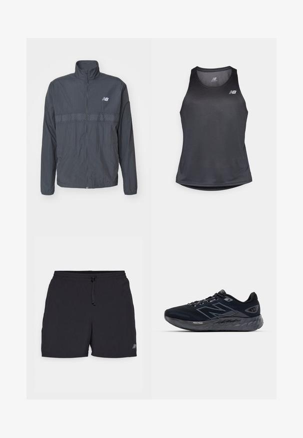 New Balance ATHLETICS REFLECTIVE PACKABLE JACKET - Running jacket - blacktop; Black athletic tank top made of moisture-wicking fabric, featuring a round neckline and subtle ribbed texture, with a white logo on the chest.; Black athletic shorts made of lightweight fabric. Features an elastic waistband with drawstring, side pockets, and a small logo accent.; Men's running shoes in black mesh with a thick gray sole, circular texture, and reflective accents. Features "New Balance" logo on the side.
