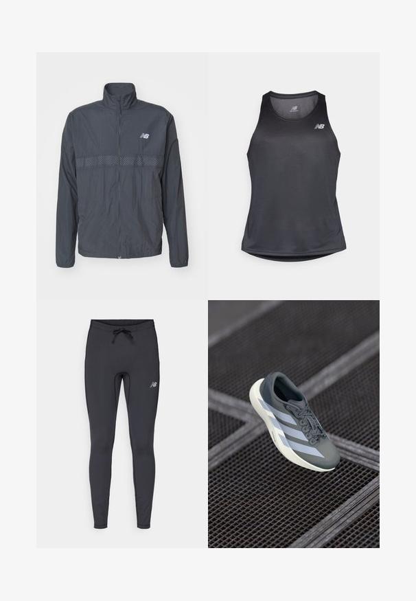 New Balance ATHLETICS REFLECTIVE PACKABLE JACKET - Running jacket - blacktop; Black athletic tank top made of moisture-wicking fabric, featuring a round neckline and subtle ribbed texture, with a white logo on the chest.; Black athletic leggings made from stretch fabric. Features a drawstring waistband and a small reflective logo on the front right thigh.; Sport shoe in gray and white, made of synthetic material, with a streamlined design, textured finish, and prominent lacing system.