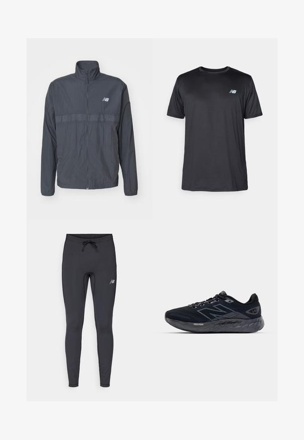 New Balance ATHLETICS REFLECTIVE PACKABLE JACKET - Bežecká bunda - blacktop; New Balance Športové tričko - black; Čierne atletické legíny vyrobené z elastického materiálu. Majú pás s elastickým šnúrkou a malé reflexné logo na pravej stehne.; Pánske bežecké topánky v čiernej sieťovine s hrubou šedou podrážkou, so zaoblenou textúrou a reflexnými detailmi. Obsahujú logo "New Balance" na boku.
