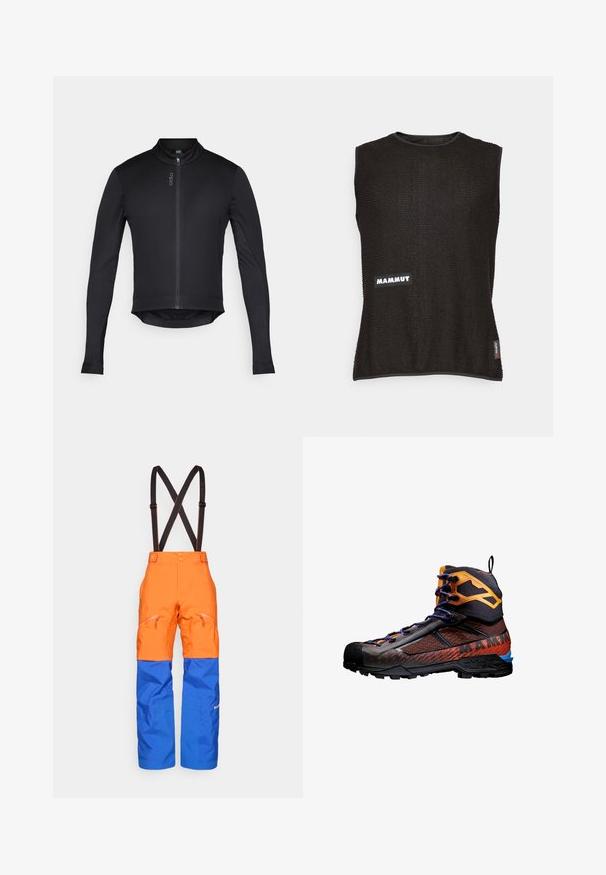 Sort lynlåset langærmet cykeljakke med høj krave, lavet af let og strækbart stof; har en rundet kant og logo detalje.; Ærmeløs sort top med tekstureret materiale, der har et hvidt "Mammut" logo og et lille rødt accentmærke på siden, rund halsudskæring.; Orange og blå vandtætte bukser med sorte justerbare seler, frontlomme med lynlås og forstærkede knæpaneler til udendørs aktiviteter.; Sort og orange vandrestøvle lavet af mesh og gummimaterialer. Har blå accenter, teksturerede mønstre og en høj ankeludformning for støtte.