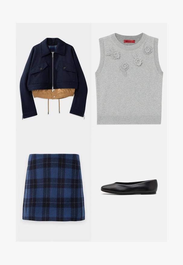 Navy cropped jacket with a point collar, two chest pockets with button closures, and a tan elasticized hem and lining. Features side zippers.; Light grey sleeveless sweater with a ribbed neckline and hem. Features three textured floral appliqués on the front. Brand label: MAX&Co.; Plaid mini skirt in dark blue and navy, made of soft fabric with a slightly textured finish. Features a straight cut and clean lines.; Paul Smith TOPANGA - Ballet pumps - black