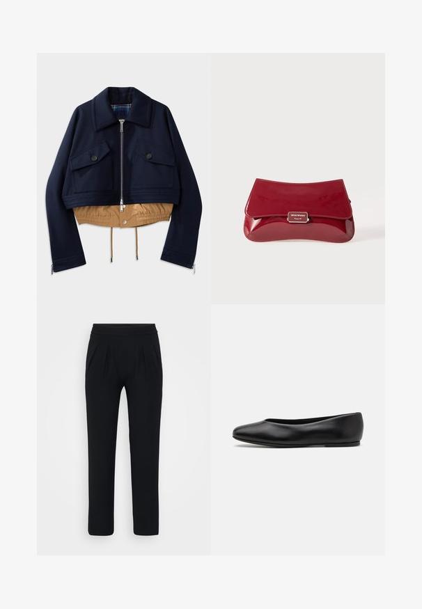 Navy cropped takki, jossa on pistekaulus, kaksi rintataskua napin suljennalla ja vaaleanruskea joustava helma ja vuori. Ominaisuuksia ovat sivuvetoketjut.; Sininen satiininen lyhythihainen paita, jossa on neliön muotoinen pääntie ja takana vetoketju. Sujuva kangas ja hieman löysä istuvuus.; Mustat, leveälahkeiset housut, jotka on valmistettu sileästä kankaasta. Varustettu joustavalla vyötäröllä ja kahdella etuplellä. Ei näkyviä kuvioita tai varusteita.; Paul Smith TOPANGA - Ballerinat - black; Punainen lakattu nahkalaukku, jossa on kaareva muotoilu, taitettava läppä ja metallinen logohopeisella kilvellä. Sileä, kiiltävä pinta.