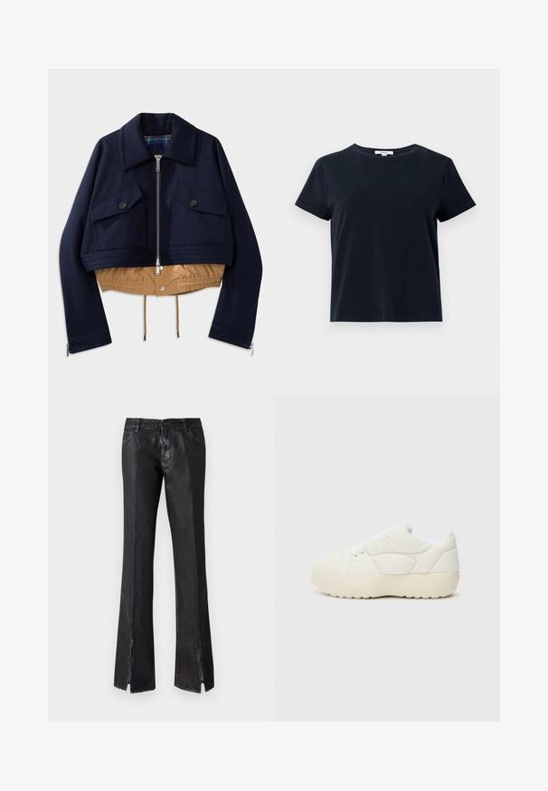 Chaqueta recortada de color navy con cuello puntiagudo, dos bolsillos en el pecho con cierres de botón y dobladillo y forro elásticos en color beige. Incluye cremalleras en los laterales.; Camiseta de manga corta azul marino oscuro, hecha de algodón suave, con cuello redondo y un corte amplio. Sin patrones ni acentos visibles.; Pantalones de campana negros con un acabado brillante, que cuentan con dos bolsillos frontales y aberturas cerca del dobladillo, fabricados con un tejido duradero.; Zapatilla blanca con un upper de cuero suave, punta redonda, cordones planos y una suela de goma gruesa y texturizada. Diseño minimalista con acentos laterales.