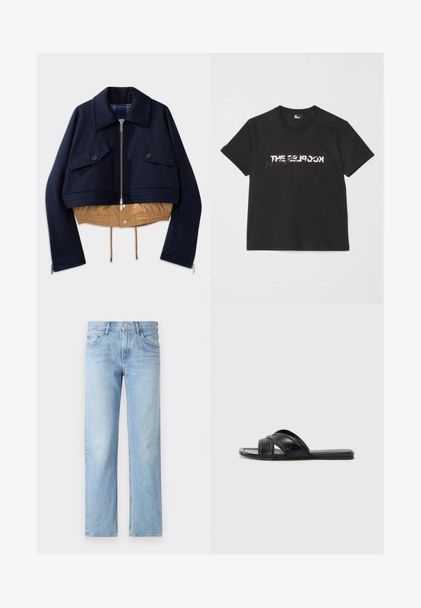 Tengerészkék rövidített dzseki hegyes gallérral, két gombos zsebbel a mellrészen, valamint bézs elasztikus derékrésszel és béléssel. Oldalzippes megoldásokkal rendelkezik.; Fekete pamut póló rövid ujjakkal, elöl fehér és szürke "THE 2LOOK" felirattal. Klasszikus kerek nyakkivágás.; Világoskék farmernadrág egyenes szabással, öt zsebbel, gombos és cipzáras záródással, valamint enyhén megkopott felülettel.; Fekete slideszandál sima bőrfelülettel, keresztbe futó pántokkal és kivágott részletekkel, valamint lapos, hajlékony talppal.