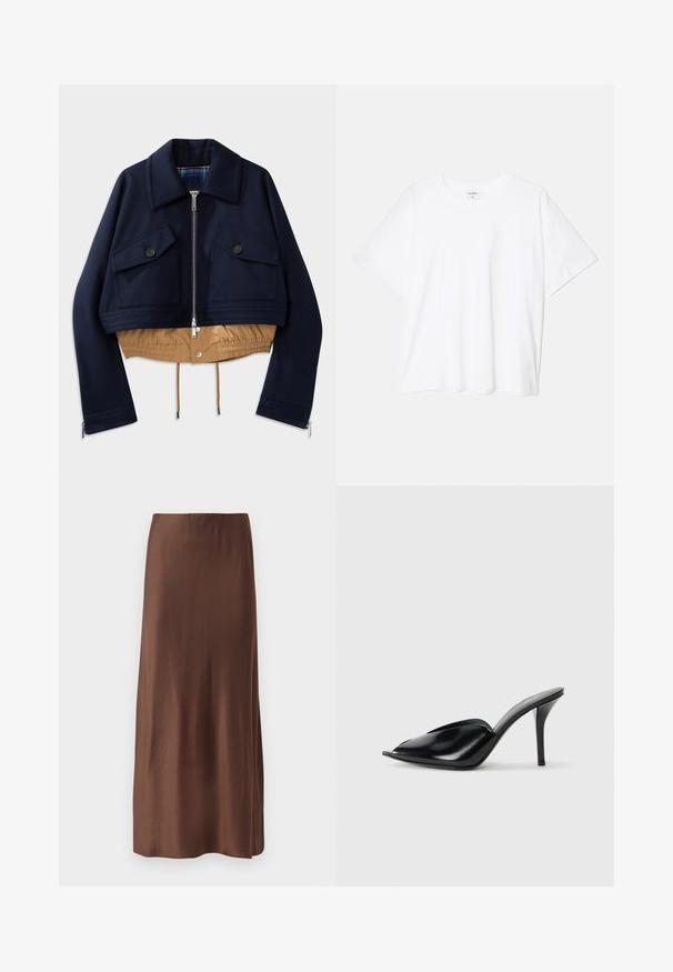 Jūras spēku pārakts jachets ar punktu apkakli, divām krūšu kabatām ar pogu aizdari un brūnu elastīgu apakšmalu un oderi. Ir sānu rāvējslēdzēji.; Balta kokvilnas T-krekls ar īsām piedurknēm, apaļu dekoltē, brīva piegriezuma un šūtu apakšmalu. Etiķete redzama iekšējā kakla daļā.; Brūna satīna midi svārki ar gludu tekstūru, kas ievēro taisnu griezumu un bez redzamām rakstāmām vai rotājumiem. Vienkāršs un elegants dizains.; Melnas ādas augstpapēžu mūlas ar atvērtu purngalu, vērptu dizainu, gludu tekstūru un šauru stilletu papēdi.