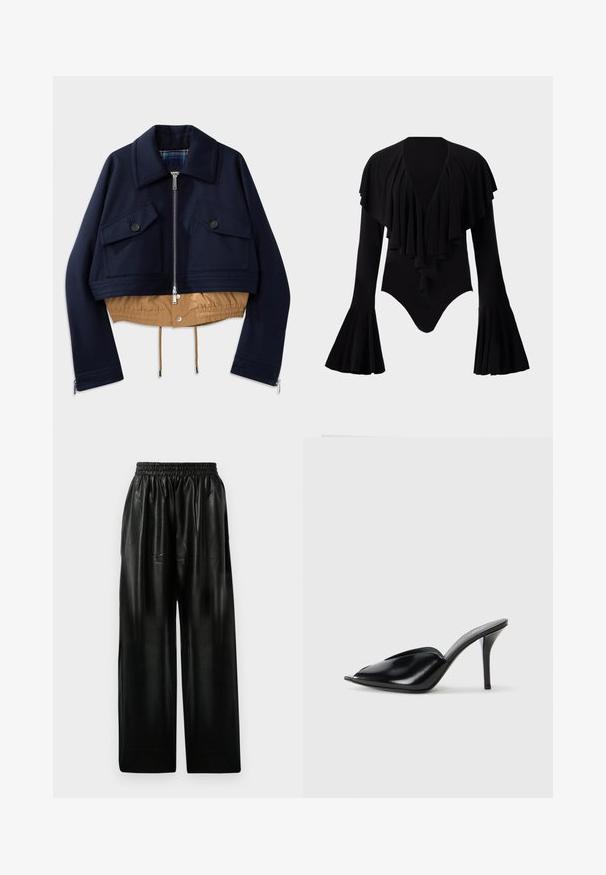 Tumes navy sinine lühike jakk, millel on terav krae, kaks rinna taskut nupuvajutustega ja beež elastne ääres ning vooder. Omab külgsiibreid.; Must have pikka, pikad varrukad, sügava V-dekolteega, kihiliste volangidega disain rinnaosas ja kellukese varrukad. Sile, veniv kangas.; Mustad nahast laiade säärega püksid elastse vöökohtaga, millel on kaks küljetaskut ja sile, läikiv pind.; Mustad nahast kõrge kontsaga mulad avatud varbaga, terava disainiga, siledapinnalised ja kitsaste stilettokontsadega.