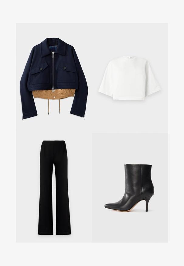 Marineblau kurzes Jacket mit spitzen Kragen, zwei Brusttaschen mit Knopfverschlüssen und einem beigen elastischen Saum sowie Futter. Verfügt über seitliche Reißverschlüsse.; Weißes, kürzer geschnittenes T-Shirt mit lockerer Passform, kurzen, weit geschnittenen Ärmeln, rundem Ausschnitt und seitlichen Schlitzen, aus weichem Baumwollmaterial.; Schwarze, weit geschnittene Hosen aus weichem Stoff mit elastischem Bund, die eine glatte Textur aufweisen und keine sichtbaren Taschen oder Verzierungen haben.; Schwarze Leder-Ankle Boots mit spitzem Zeh, schlankem Stiletto-Absatz und glatter Textur. Minimalistisches Design ohne sichtbare Beschläge oder Akzente.