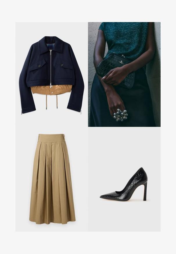 Marineblauwe cropped jas met een puntkraag, twee borstzakken met knoopsluiting en een tan elastische zoom en voering. Beschikt over zijritsen.; Zwarte tanktop met dunne spaghettibandjes, gemaakt van ribstof, met een rechte snit en een label op de hals dat "IVY OAK" zegt.; Khaki plissé rok met een hoge tailleband, gemaakt van katoen. Heeft een vloeiende uitstraling en de zoom is afgewerkt met subtiele stiksels.; Zwarte puntige hoge hak schoen met een krokodillenleren textuur, met een slank ontwerp, hoge stiletto-hak, en een gladde zwarte binnenkant.; Zwarte clutch met krokodillenpatroon en zilverkleurige hardware, vastgehouden tegen een gestructureerde grijze achtergrond. Heeft een glanzend oppervlak.