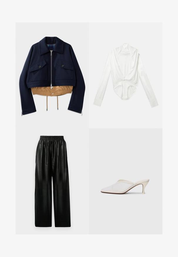 Jūrinis trumpas švarkas su taškuoto apykakle, dviem krūtinės kišenėmis su mygtukų uždarymu, ir šviesiai rudos spalvos elastine apdaila bei pamušalu. Yra šoninės užtrauktukų kišenės.; Balta ilgųjų rankovių bodysuit su giliu kaklo iškirpimu ir spaudimo uždarymu kirkšnyje, pateikta ant paprasto balto fono.; Juodos odinės plačios kelnės su elastinga juosmeniu, turinčios dvi šonines kišenes ir lygią, blizgią tekstūrą.; Baltos tinklelio smailiakojės mules su plonu vidutinio aukščio kulnu ir užkulnio dizainu ant vientiso fono.