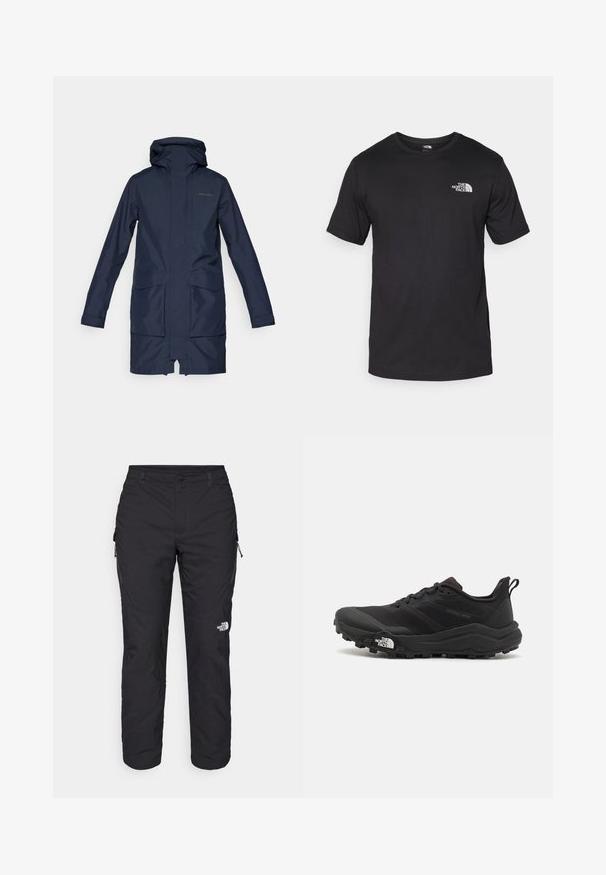 Tumedatesinine veekindel park, millel on kapuuts, esi tõmblukk, kaks suurt taskut ja sirge siluett. Sile tekstuur, ärritav disain.; Must have lühikeste varrukatega must T-särk, mis on valmistatud puuvillast, ümmarguse kaelusega ja väikese valge logoga vasakus ülanurgas.; The North Face WINTER EXPLORATION TAPERED CARGO - Õuepüksid - black; Must tume jooksujalats musta värvi, tekstuurse ülemise osaga, kummist tallaga ja tugevdatud varbaga. Omab pehmendusega krae ja tõmblinti mugavaks selga panemiseks.