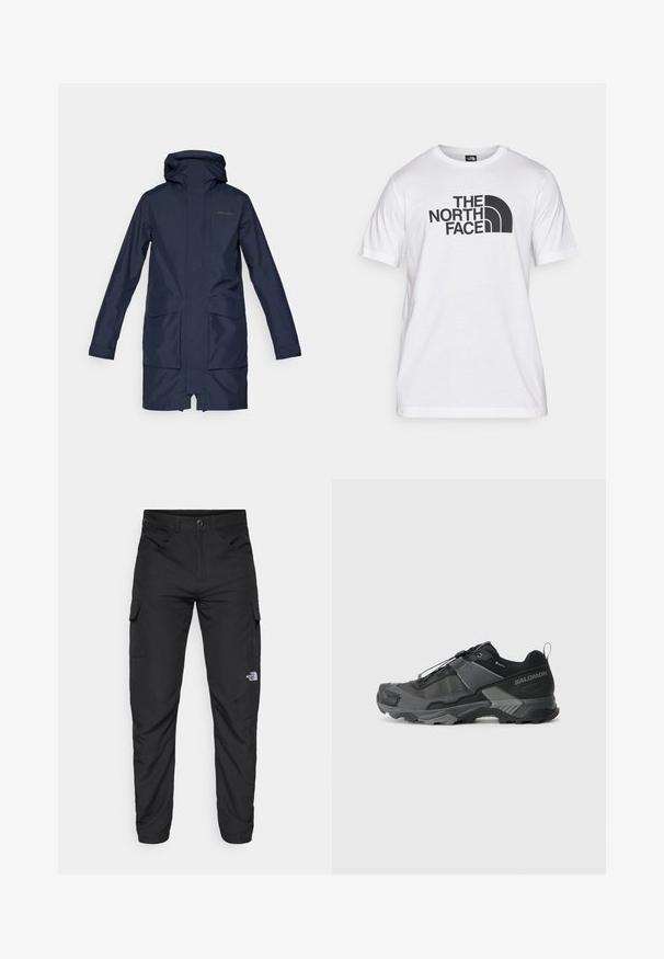 Parka imperméable bleu marine avec capuche, comportant une fermeture éclair frontale, deux grandes poches et une silhouette droite. Texture lisse, design décontracté.; T-shirt en coton blanc avec un imprimé graphique noir comprenant du texte et un design de logo courbé. Encolure ronde et manches courtes. Texture lisse.; The North Face HORIZON PANT - Pantalons outdoor - black; Chaussure de trail running noire avec une tige en mesh durable, une coque de protection renforcée à l'avant, une semelle en caoutchouc texturé et un système de laçage élastique pour un maintien sécurisé.