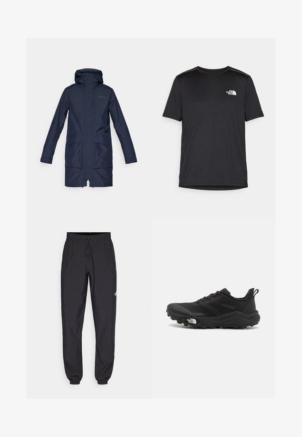 Parka impermeável azul marinho com capuz, apresentando um fecho frontal, dois bolsos grandes e uma silhueta reta. Textura suave, design casual.; T-shirt preto de manga curta feito de um tecido leve. Apresenta um pequeno logo branco ao lado esquerdo do peito e detalhes subtis nos ombros.; Calças atléticas pretas feitas de tecido leve, com um cós ajustável por cordão, bolsos laterais e punhos afunilados nos tornozelos.; Sapatilha de trail running preta com um upper texturizado, sola de borracha e biqueira reforçada. Possui um colarinho acolchoado e uma alça para facilitar o calçar.