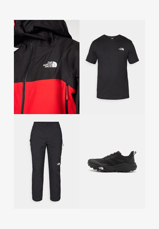 The North Face JAZZI JACKET - Hardshell striukė - high risk red/black; Juodas trumpas rankovės marškinėliai, pagaminti iš medvilnės, su apvaliu kaklu ir mažu baltu logotipu viršutiniame kairiajame krūtinės kampe.; The North Face WINTER EXPLORATION TAPERED CARGO - Lauko kelnės - black; Juoda bėgimo batai su tekstūruotu paviršiumi, guma padais ir sustiprinta pirštų dalimi. Yra paminkštinta apykaklė ir kilpos, leidžiančios lengvai užsidėti.
