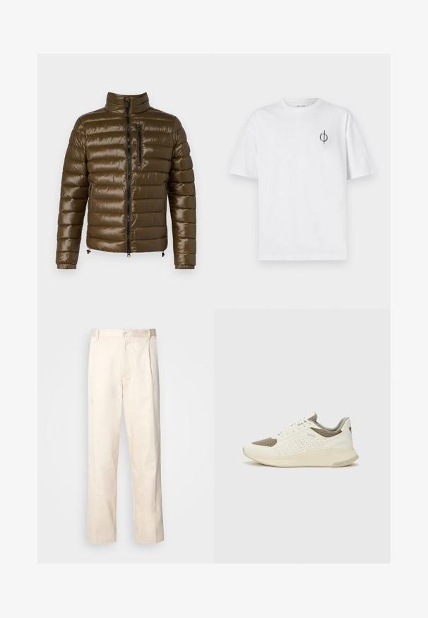 Õlivaroheline, paksu sooja voodriga jakk läikiva viimistlusega. Omab kõrget kraed, kahte küljetaskut lukuga ning lukustatud rinna-ööri.; Valge puuvillane t-särk lõdva sobivusega, millel on vasakul rinnal väike must graafiline logo. Lühikesed varrukad, ümmargune kaelus.; Beesidised puuvillased püksid sirge jala lõikega, mis on varustatud nööpkinnituse ja ees olevate voltidega, et lisada detaili.; Valge ja heledat beeži värvi spordijalats, millel on õhuke võrkmaterjal, perforatsioonidega detailid ning tekstuuriga vahetald, millel on brändi logo kannaosas.