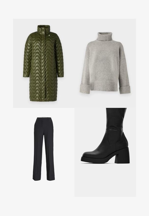 Oliivroheline, pikk voodri ja kõrge kraega jope lainelise tikandiga tekstuuriga. Omab lukuta esiosa ja logo detaili vasakul rinnal.; Hall grey turtleneck särk, mis on valmistatud pehmest kudumist, ribatud varruka- ja alumise servaga. Omab lõdva istuvust ja struktureeritud kaelust.; Mustad, kõrge vöökohaga püksid, sirge lõikega. Valmistatud sileda materjali, esi voldid ja küljetaskud.; Mustad nahast saapad, mis ulatuvad keskmise sääreni, paksu platiEal ja ümar toe, külgprofiil valgel taustal.