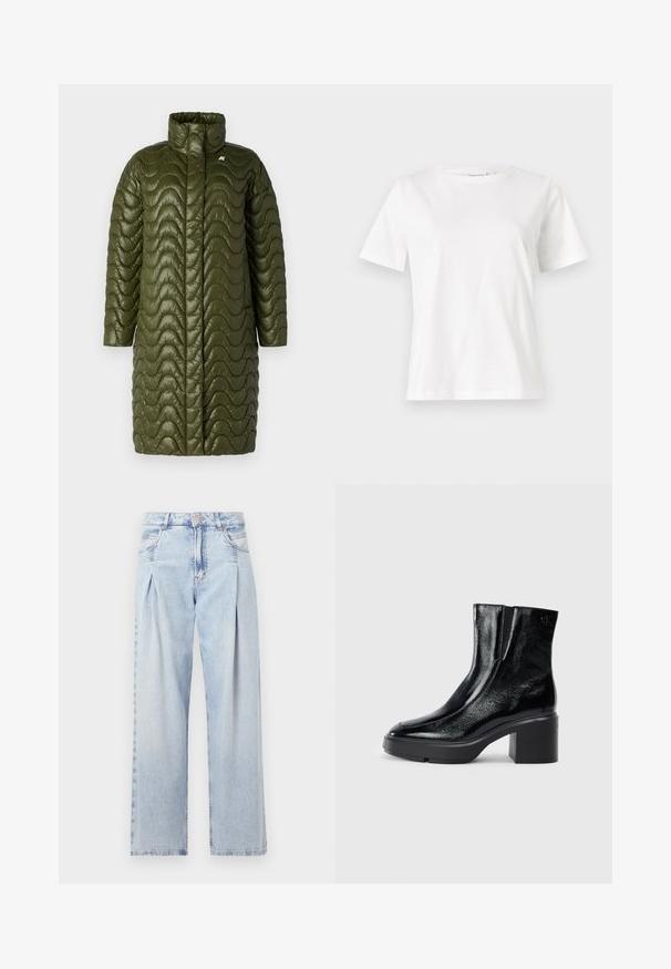 Olivengrønn, lang polstret frakk med høy krage og bølget quiltet tekstur. Har glidelåsfri front og et logo-detalj på venstre bryst.; Hvit bomull t-skjorte med korte ermer, rund hals og avslappet passform. Glatt tekstur, ingen mønstre eller detaljer, minimalistisk design.; Lyseblå denimjeans med høy livlinje, vide ben, to sidelommer og plisserte detaljer. Myk tekstur med en falmet finish.; Sorte lakkskinn ankelstøvler med buet tå, elastiske sidestykker og en chunky klossheel. Har preget logo på baksiden.