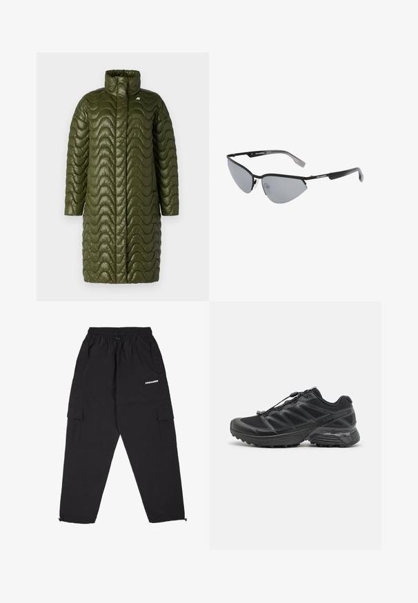 Olivgrüner, langer, gepolsterter Mantel mit hohem Kragen und wellenförmiger Steppstruktur. Verfügt über einen reißverschlussfreien Frontbereich und ein Logodetail auf der linken Brust.; Schwarzes, kurzärmliges Turtleneck-Oberteil aus leichtem Stoff mit glatter Textur und figurbetonter Passform, ausgestattet mit einem hohen Kragen.; Pegador YURI TRACKSUIT PANTS - Jogginghose - black; Schwarzer Laufschuh mit Obermaterial aus Mesh und Synthetik, flexibler Sohle und elastischen Schnürsenkeln. Verfügt über eine gepolsterte Zwischensohle für zusätzlichen Komfort.; Schwarze Sonnenbrillen mit kantigem, Katzenaugen-Design. Silberne, verspiegelt Gläser. Schlanke, leichte Kunststoffrahmen mit dezentem Branding an den Schläfen.