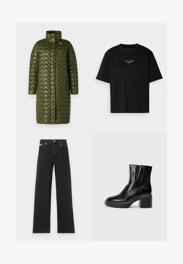 Olive green, long padded coat with a high collar and wavy quilted texture. Features a zip-free front and a logo detail on the left chest.; Black cotton t-shirt with a round neck, short sleeves, and blue embroidered "Calvin Klein JEANS" logo on the front.; Black wide-leg jeans made of denim, featuring a high-rise waist, five-pocket styling, and a metal button closure with contrasting stitching.; Black patent leather ankle boots with a curved toe, elastic side panels, and a chunky block heel. Features embossed logo on the back.