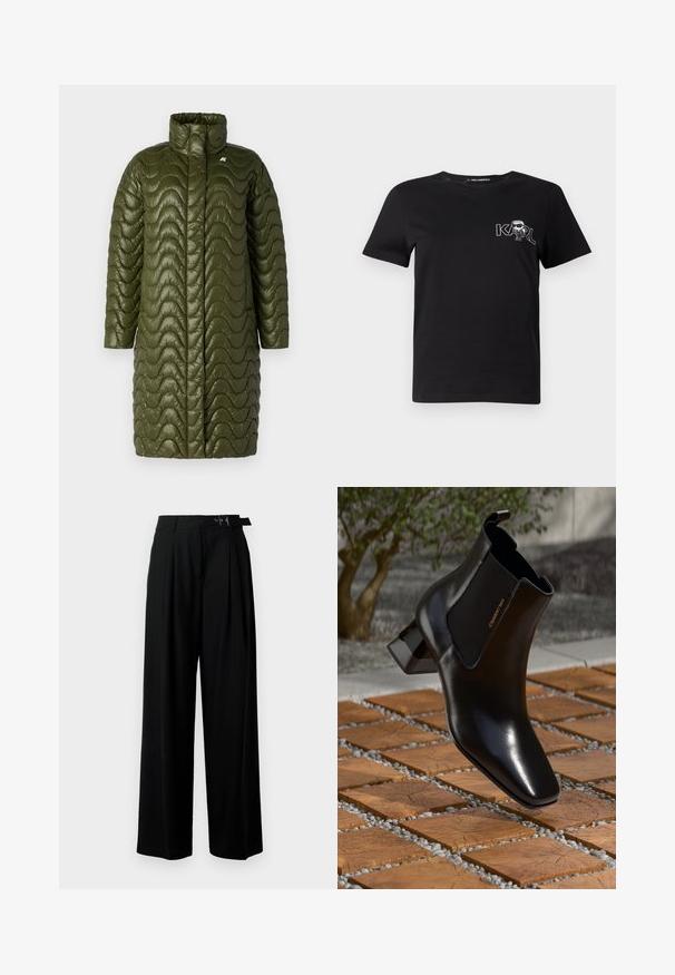 Olivengrønn, lang polstret frakk med høy krage og bølget quiltet tekstur. Har glidelåsfri front og et logo-detalj på venstre bryst.; Svart kortermet t-skjorte laget av bomull. Har et hvitt grafisk trykk med teksten "KARL" og en stilisert figur på brystet. Rund hals.; Svarte vide bukser med høy livlinje, folder foran og belte med spenne. Laget av glatt, lett materiale.; Skinne svarte skinn ankelstøvler med blokkhel, elastiske sidelapper og dragløkke, svevende over trefliser og småstein utendørs.