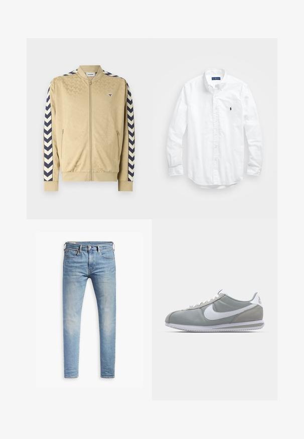 Beige bomber dzseki diszkrét mintázattal, sötétkék cikk-cakk csíkokkal az ujjakon, cipzáras záródással és oldalsó zsebekkel. Elöl logó található.; Fehér, hosszú ujjú, gombos férfiing pamutból. Klasszikus gallérral, gombos mandzsettával és egy kis sötétkék hímzett logóval a mellrészen.; Fekete, túlméretes póló sötétszürke "ALLSAINTS" felirattal a mellkason, alatta kisebb betűkkel "LONDON" felirattal.; Világoskék, slim fit farmernadrág enyhe kopással a combokon, elöl gombos záródással, övbujtatókkal és öt zsebbel, fehér háttérrel.; Szürke sportcipő velúr és textil felsőrésszel, fehér Nike pipa logóval és fehér fűzőkkel. Jellemzője egy texturált gumi talp és párnázott bokarész.