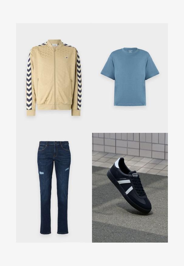 Bež jakna bomber s subtilnim vzorcem, mornarsko modre črte v obliko črke V na rokavih, zadrgo in stranskimi žepi. Ima logo na prsih.; Modra kratka majica s kratkimi rokavi, izdelana iz bombaža, s krožnim ovratnikom in sproščenim krojem. Gladka tekstura, minimalistična zasnova, brez vzorcev ali dodatkov.; Temno modri jeansi iz denima s ravnim krojem, ki imajo obrabljene luknje na kolenih, tradicionalne žepe in vidno kontrastno šivanje.; Črne usnjene superge z belimi črtami, teksturiran gumijast podplat in zavezovanje spredaj. Imajo označeno oznako na ježku.