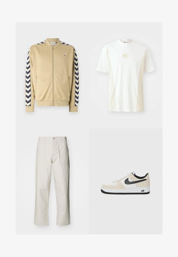 Beez bomber-jakk, millel on peene muster, tumesinised chevron-ribad varrukatel, tõmblukk ja küljetaskud. Rinnal on logo.; Lühikeste varrukatega, ümberkaela T-särk valgest ja helesandist. Kui iseloomustab väike kuldne Nike logo rinnal ja sile puuvillane tekstuur.; Heledbeez värvi laiad püksid, mis on valmistatud puuvillast. Omavad esi-taskuid ja nupuga sulgemist. Sile tekstuur, millel on õrnad vertikaalsed jooned.; Kergedega helebeež Suede ja valge naha pealispind, must Nike swoosh, mustad aksendid ja valgest kummist põhi, mis peal "AIR" bränding.