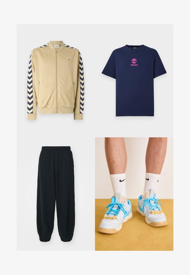 Bežs bomberjakets ar smalku rakstu, tumši ziliem chevron svītrojumiem uz piedurknēm, ar rāvējslēdzēja aizdari un sānu kabatām. Uz krūtīm ir logo.; Jūras zila kokvilnas T-krekls ar apaļu kaklu un īsām piedurknēm. Uz krūtīm ir rozā Timberland logo ar koka dizainu.; Melnas sporta bikses ar elastīgu jostasvietu, brīvu piegriezumu, aprocēm ap potītēm, gludu tekstūru, un bez redzamām rakstu vai aparatūras akcentiem.; Gaiši zili sporta apavi ar brūnu zoli, ar izteiktiem tirkīza šņorēm un dzeltenām akcentiem. Tekstūrēti materiāli un redzama gaisa amortizācija.