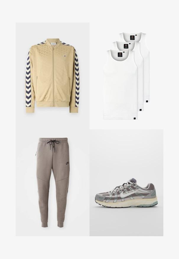 Beige bomberjacka med subtilt mönster, marinblå chevronränder på ärmarna, dragkedjestängning och sidofickor. Har en logotyp på bröstet.; Tre vita ribbade linnen i bomull. Har rund halsringning och små svarta etiketter vid fållen. Finns i flera storlekar.; Grå Nike sweatpants med dragsko i midjan, avsmalnande ben, sidofickor och tydlig sömdekoration. Mjuk, strukturerad tyg.; Grå atletiska sko med en överdel av mesh och mocka, vita accenter, en vadderad sula och en unik design med reflekterande element.