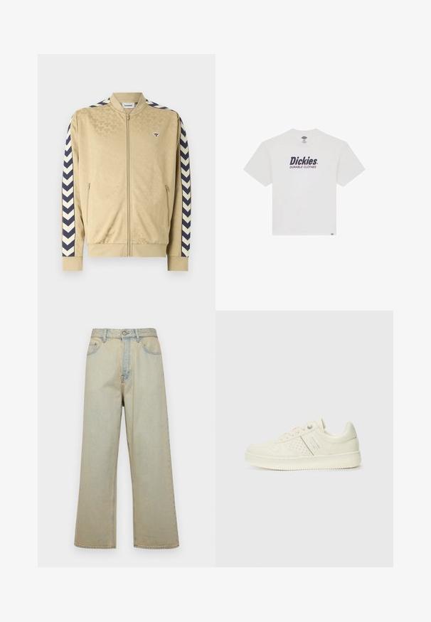 Beige Bomberjacke mit dezentem Muster, marineblauen Zickzackstreifen an den Ärmeln, Reißverschluss und seitlichen Taschen. Verfügt über ein Logo auf der Brust.; Weißes Baumwoll-T-Shirt mit kurzen Ärmeln und rundem Halsausschnitt, mit "Dickies" und "DURABLE CLOTHES" in Dunkelblau bedruckt. Klassische Passform.; Hellblaue, weit geschnittene Jeans aus Denim mit einem verblassten Finish. Mit fünf Taschen und einem Knopfverschluss vorne.; Cremefarbene Sneaker mit perforierten Details, Schnürsenkeln und Logo an der Seite, vor einem schlichten weißen Hintergrund präsentiert.