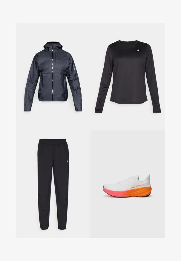 Black lightweight hooded jacket with front zipper, chest pocket, and Salomon logo on left sleeve, displayed on white background.; Black long-sleeve athletic shirt made of lightweight fabric. Features a round neckline and a small logo on the chest. Smooth texture.; Black sports pants featuring an elastic waistband, tapered legs with cuffs, made of a lightweight, smooth material, and a small logo on the thigh.; White athletic shoe with a textured upper, featuring a colorful gradient sole in orange and pink, and a prominent logo on the side.