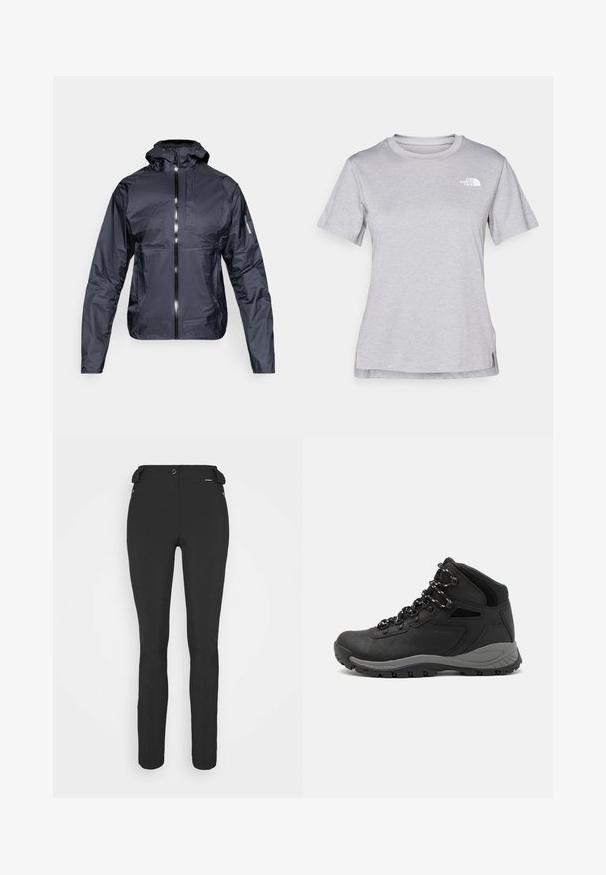 Svart lett hettejakke med frontglidelås, brystlomme og Salomon-logo på venstre erm, vist på hvit bakgrunn.; Grå kortermet t-skjorte laget av myk, fukttransporterende stoff. Har en rund hals og en liten hvit logo på øvre venstre side.; Svart, tettsittende bukser laget av et fleksibelt materiale. Funksjoner inkluderer en glidelåslukket sidelomme, artikulerte knær og en glatt tekstur.; Sorte turstøvler med mid-topp design, som har en teksturert overdel, grå detaljer og slitesterk gummisåle med godt grep.