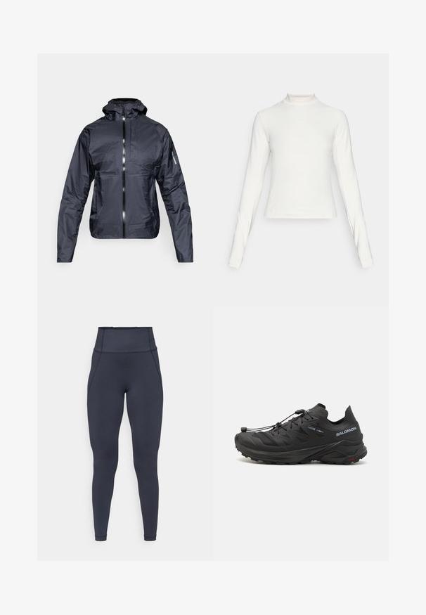 Black lightweight hooded jacket with front zipper, chest pocket, and Salomon logo on left sleeve, displayed on white background.; Long-sleeve white athletic top with mock neck and small centered logo on chest, displayed on a plain background.; High-waisted, dark gray full-length leggings with visible stitching and a smooth, stretchy fabric texture.; Black trail running shoes with a textured upper, mesh panels, and a secure fastening system. Features a rugged outsole for traction.