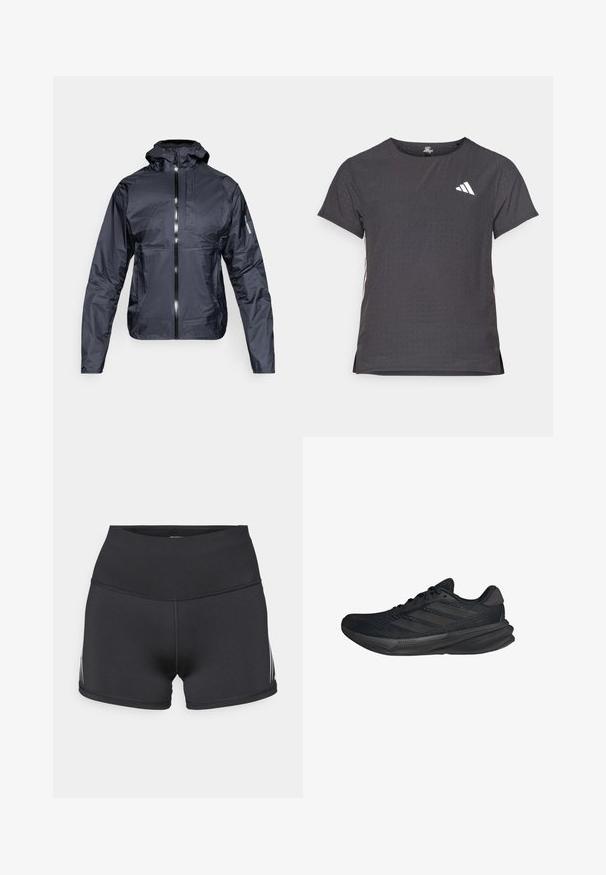 Black lightweight hooded jacket with front zipper, chest pocket, and Salomon logo on left sleeve, displayed on white background.; Short-sleeve athletic t-shirt, dark gray with perforated texture. Features a white logo and contrasting side stripes. Rounded neckline.; Black athletic shorts with a high waistband, made of stretch fabric. Features white side stripes and flatlock seams for comfort.; Black athletic shoes with a mesh upper, streamlined shape, flat sole, and three diagonal stripes on the side. Lightweight design for comfort.