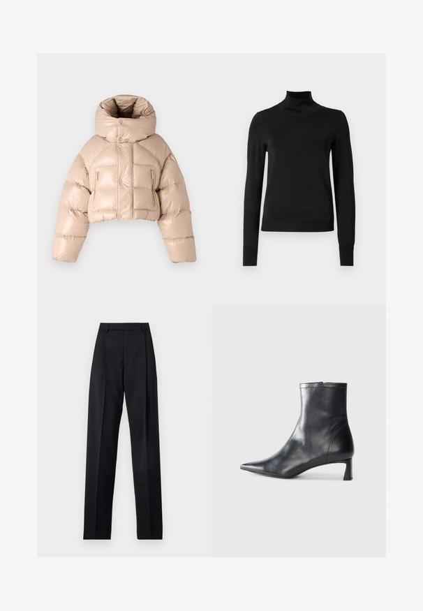 DSQUARED2 ICON PUFFER KABAN - Gewatteerde jas - beige; Zwarte trui met lange mouwen en col, voorzien van geribde manchetten en zoom, weergegeven op een effen witte achtergrond.; Zwarte broek gemaakt van gladde stof met een hoge taille, wijde benen, voorplooien en klassieke ceintuurlussen. Geen zijzakken zichtbaar.; Zwarte leren enkellaars met een spitse neus en een slank ontwerp. Heeft een lage hak en een ritssluiting aan de achterkant. Gladde textuur.