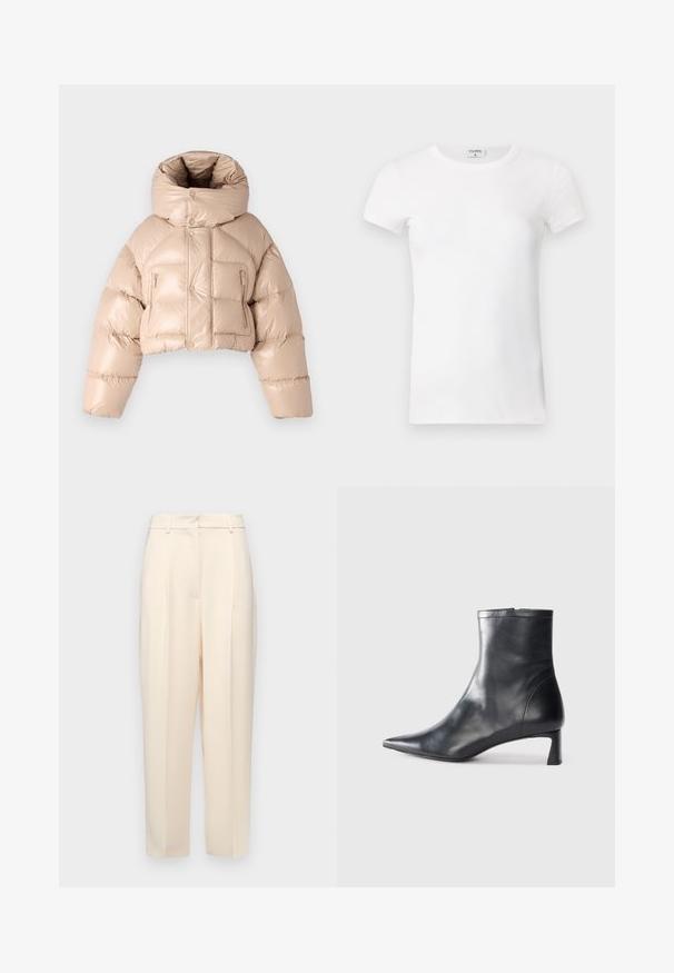 DSQUARED2 ICON PUFFER KABAN - Páperová bunda - beige; Biela rebrovaná tričko s krátkym rukávom a okrúhlym výstrihom. Tkanina vyzerá hladko s priliehavým strihom. Značková etiketa je viditeľná na golieri.; Béžové nohavice na mieru s rovnom strihom, so záhybmi vpredu, hladkým textúrom a stredným pásom. Bez viditeľných vreciek.; Čierne kožené členkové topánky s špicatou špičkou a elegantným dizajnom. Majú nízky podpätok a zips na zadnej strane. Hladká textúra.