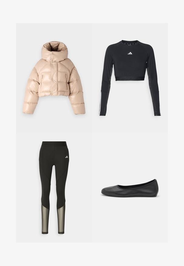DSQUARED2 ICON PUFFER KABAN - Daunenjacke - beige; Schwarzes, verkürztes Langarm-Workout-Oberteil aus glattem Material. Mit einem weißen Logo auf der Brust und gestreiften Akzenten an den Ärmeln.; Schwarze Sportleggings mit hohem Bund, die Mesh-Einsätze an den Unterschenkeln und ein gesticktes Logo an der Hüfte aufweisen.; Schwarze Leder-Ballettschuhe mit abgerundeter Spitze, glatter Textur, minimalen Nähdetails und einem flexiblen Sohlen-Design.