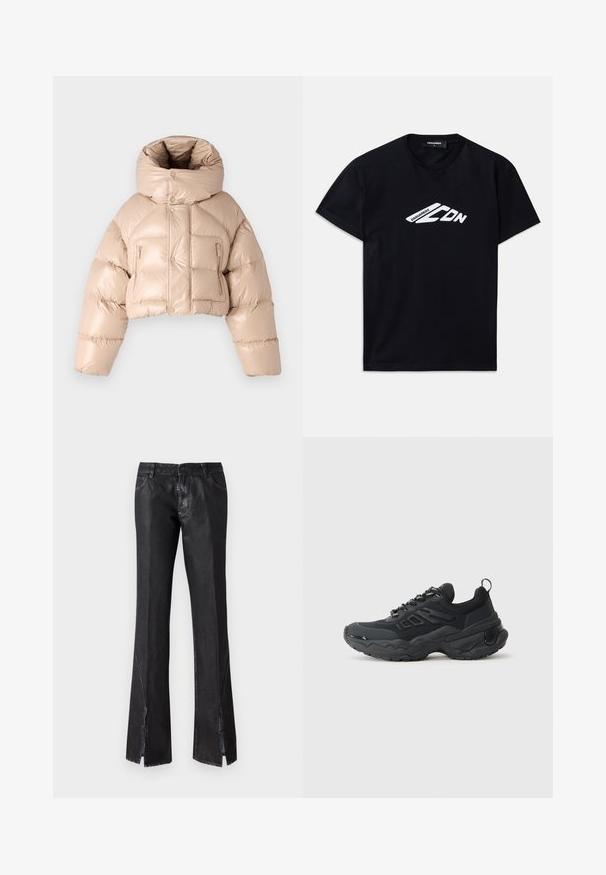 DSQUARED2 ICON PUFFER KABAN - Piumino - beige; T-shirt nera in cotone con maniche corte e collo rotondo. Presenta un logo grafico bianco "DSQUARED2 CDN" sul davanti.; Pantaloni neri svasati con finitura lucida, dotati di due tasche frontali e spacchi vicino all'orlo, realizzati in tessuto resistente.; Scarpe sportive nere con una tomaia strutturata, suola resistente e un design spesso distintivo. Presentano lacci e un tassello sul retro.