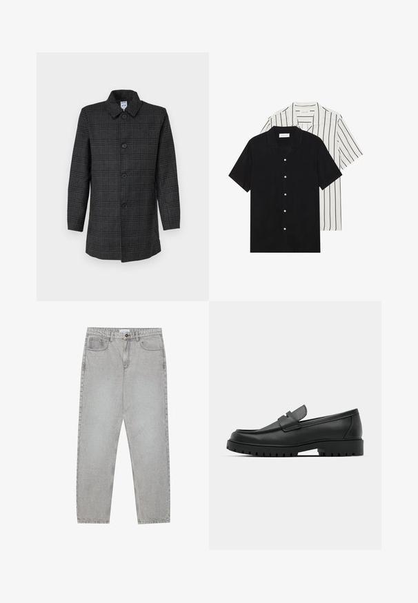 Harmaa ruudullinen päällystakki, joka on valmistettu villa-sekoitekankaasta. Takissa on kaulus, kuusi nappia edessä ja pitkät hihat. Normaalileikkinen.; Kaksi lyhythihaista puseroa: yksi yhtenäinen musta, toinen valkoinen mustilla pystyraitoilla. Molemmissa on napitus ja klassinen kaulus.; Vaaleanharmaat farkut, joissa on suora lahje, viisi taskua ja nappisulku. Saumojen varrella näkyvä ompelu.; Musta nahkaloafers, joissa on pyöreä kärki, ommeltu pinta, matala alusta ja kuvioitu, kuminen ulkopohja.