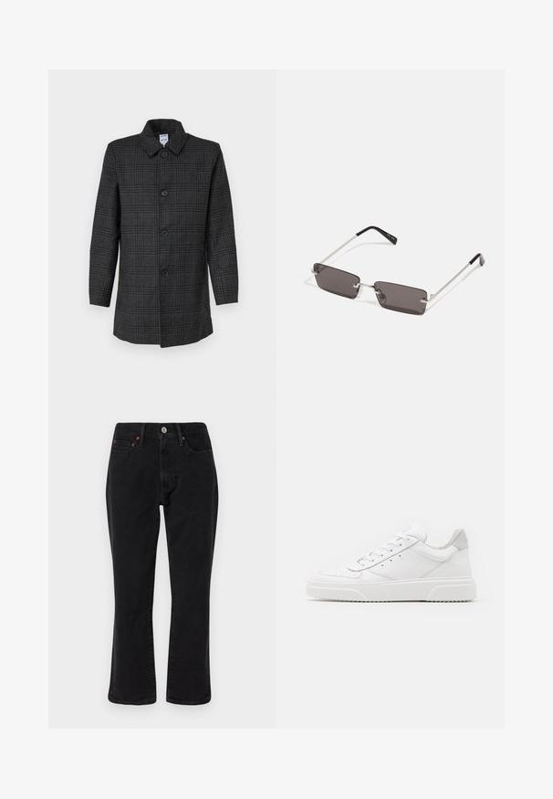 Cappotto grigio a quadri realizzato in tessuto misto lana, con colletto, sei bottoni sul davanti e maniche lunghe. Vestibilità regolare.; Giacca a fantasia checked nera e grigia con colletto, chiusura a bottoni e due taschini sul petto. Realizzata in un tessuto testurizzato.; Jeans in denim nero con una vestibilità a gamba dritta, stile a cinque tasche e accessori in metallo con dettagli in rame. Texture liscia e vita media.; Sneaker bianche in pelle con finitura liscia, punta arrotondata, lacci piatti e suola texturizzata. Accento in suede grigio sul tallone.; Occhiali da sole con lenti rettangolari di colore grigio scuro, montatura in metallo argentato e punte nere in plastica sulle asticelle. Design leggero con cuscinetti per il naso.